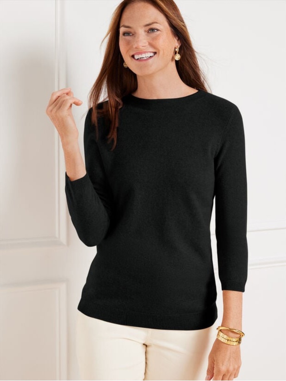 Talbots Petite Audrey Pure Cashmere Sweater Black 3/4 Sleeve Crewneck Minimal